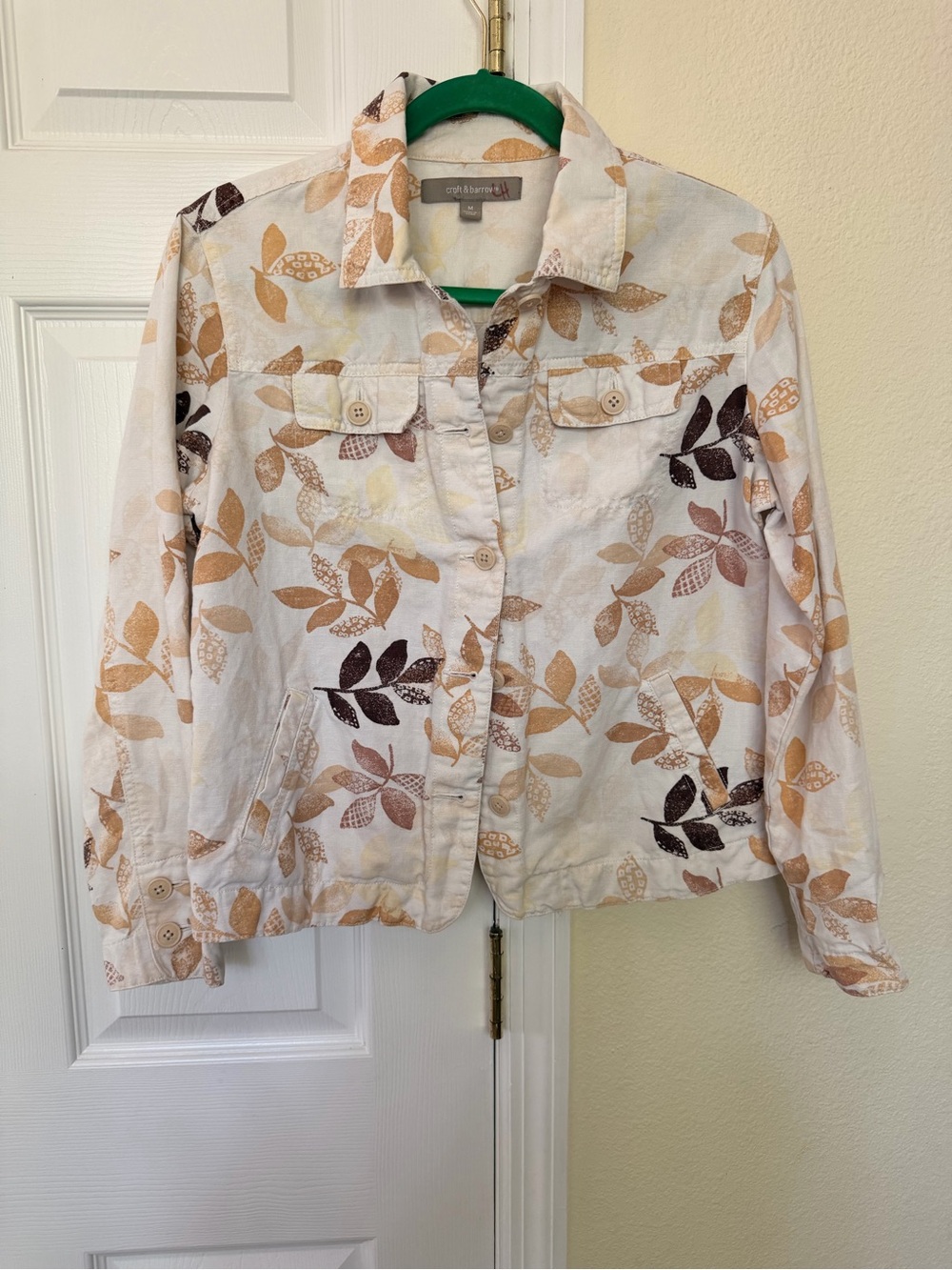 croft & barrow Cream Jean Jacket with Tan & Brown Leaf Print
